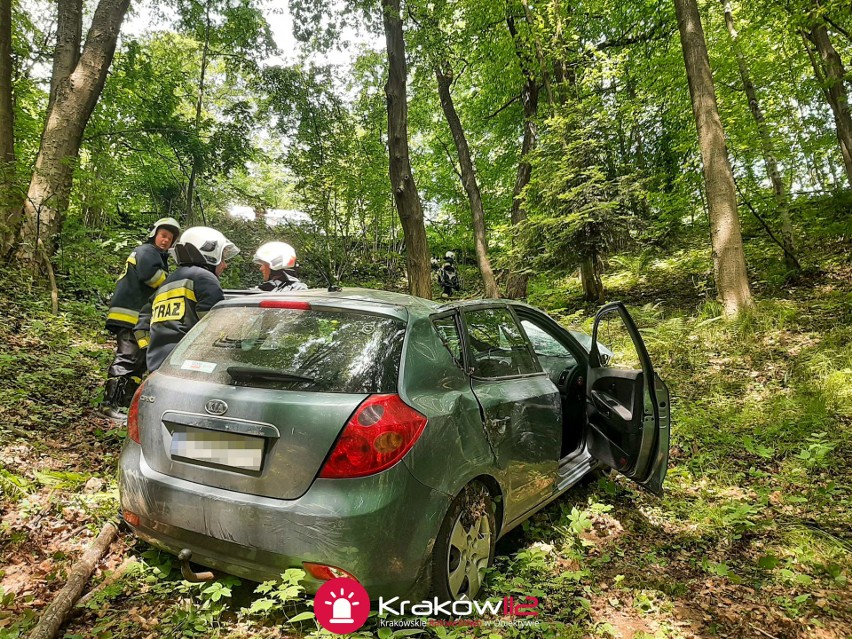 Wypadek na drogach Ojcowskiego Parku Narodowego. Samochód matki z dzieckiem spadł ze skarpy. Jedna osoba ranna