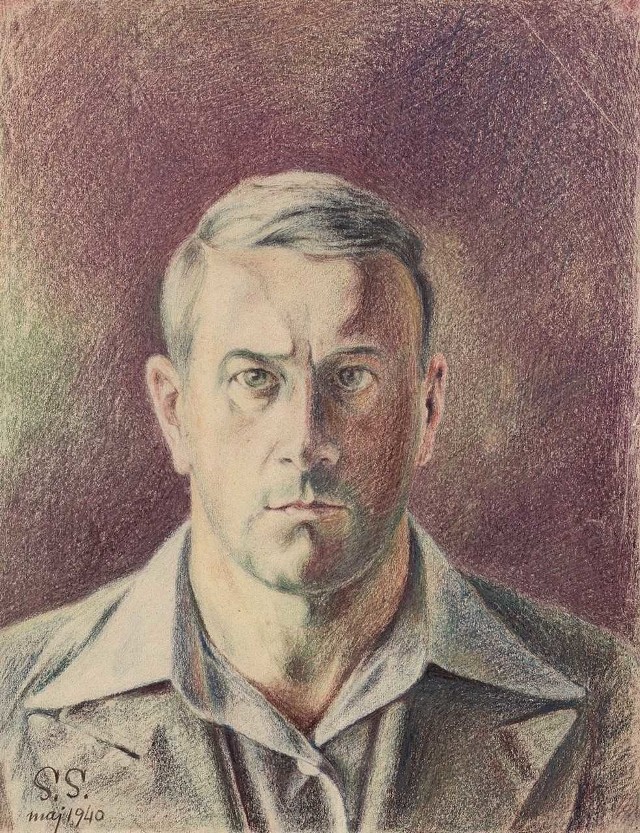 Autoportret, 1940, kolorowe kredki na papierze