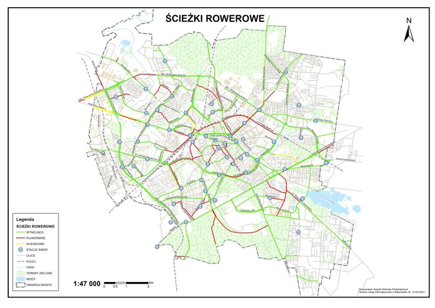 Mapa ścieżek rowerowych w Białymstoku. stan na maj 2020 roku