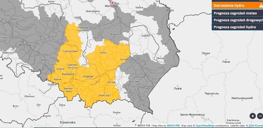 Mapa - ostrzeżenia hydrologiczne