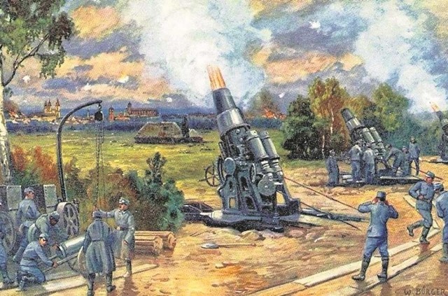 Austriacka pocztówka przedstawiająca bitwę o Kraków w grudniu 1914 r. Strzelają moździerze Skoda 30,5 cm.