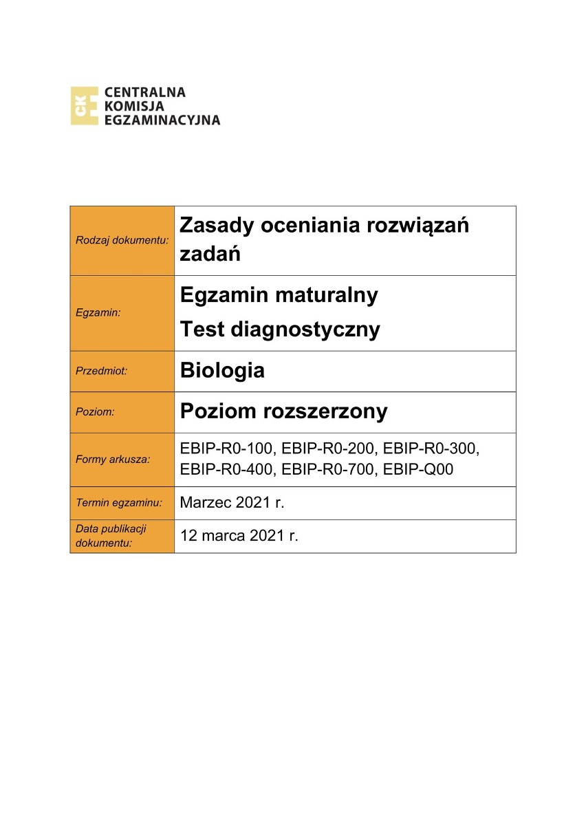 Egzamin z biologii na poziomie rozszerzonym. Odpowiedzi....