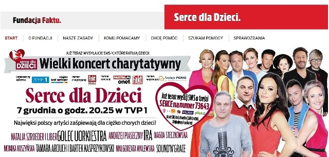 Wielki koncert charytatywny 7 grudnia w TVP1!www.fundacjafaktu.pl/sercedladzieci