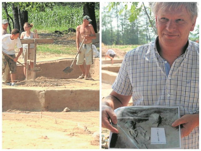 Dr Piotr Papiernik pokazuje fotografie odkrytego szkieletu dziecka, które w chwili śmierci było w wieku 6-10 lat.W badaniach pomagają pracownicy zatrudnieni dzięki porozumieniu archeologów z Powiatowym Urzędem Pracy.