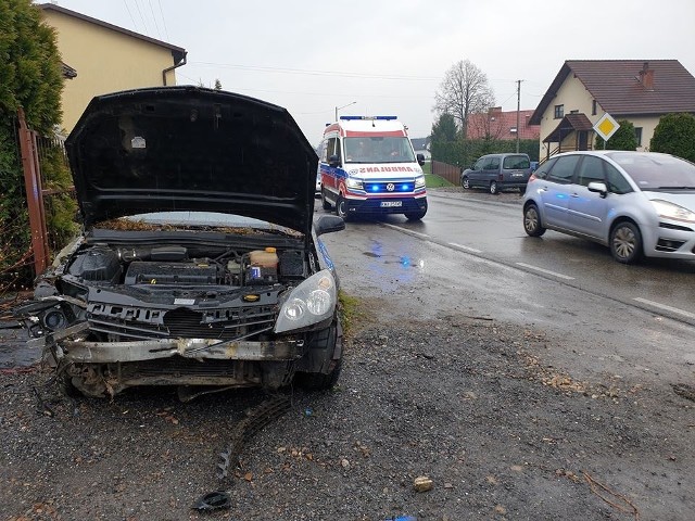 Ten wypadek wyglądał bardzo groźnie, auto staranowało znaki, tuje i płot