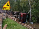 Gmina Gubin. Poważny wypadek! Na wysokości Pleśna przewróciła się ciężarówka przewożąca drewno. Droga krajowa nr 32 jest zablokowana