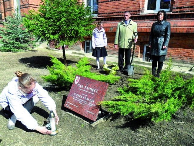 Dąb Pamięci i tablica znajdują się przed budynkiem SP nr 2 przy ul. Hieronima i Jana Małeckich 1