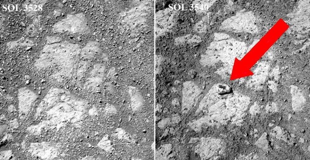 Zdjęcie po lewej przedstawia miejsce w 3.528 dobie misji marsjańskiej. Po prawej to samo miejsce w 3.540 dobie. Widać wyraźnie na nim kamień średnicy około 10 cm, który w niewyjaśnionych dotąd okolicznościach pojawił się koło łazika Opportunity.