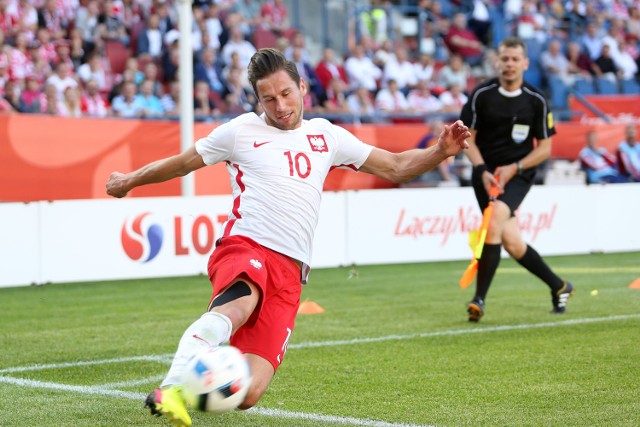 Grzegorz Krychowiak podczas sparingu Polska - Litwa w Krakowie.