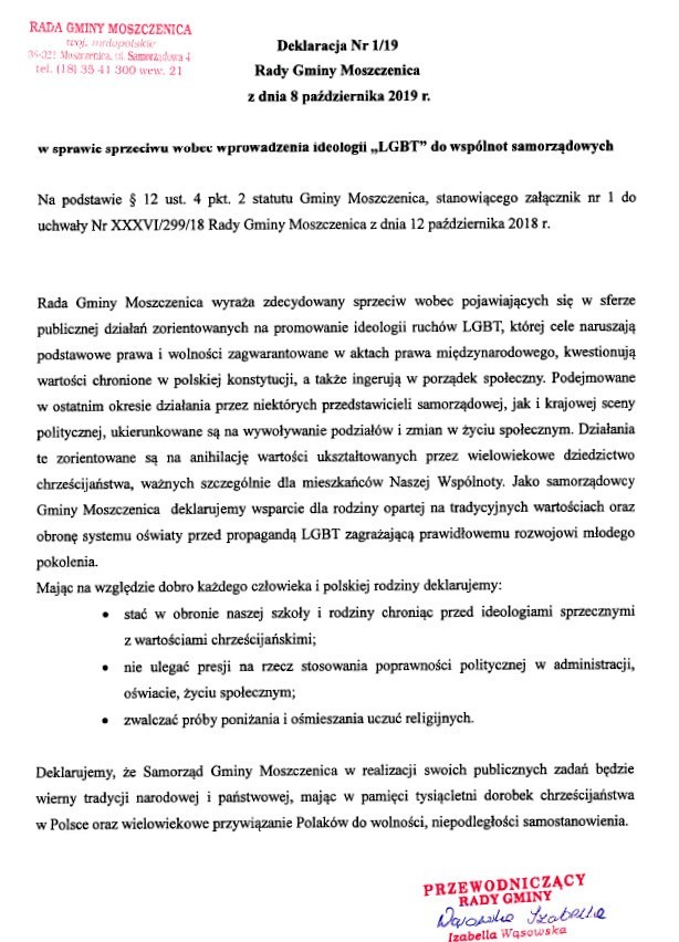 Radni z Moszczenicy nie chcą propagandy LGBT. Przyjęli specjalną deklarację na październikowej sesji 