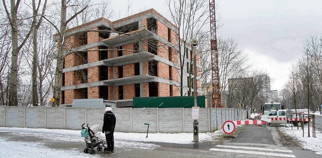 W obrębie parku Młynówki Królewskiej, wbrew licznym protestom, wyrósł budynek mieszkalny (na zdj. w trakcie budowy)