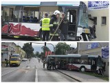 Wypadek w Świeciu. Autobus zderzył się z busem i wbił się w budynek. Siedem osób rannych [zdjęcia, wideo]