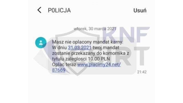 "Masz nie oplacony mandat karny. W dniu 31.03.2021 twoj mandat zostanie przekazany do komornika z tytulu zaleglosci 10.00 PLN. Oplac teraz" (pisownia oryginalna) – SMS-y takiej treści pojawiły się u niektórych odbiorców. Policjanci ostrzegają: to oszustwo.