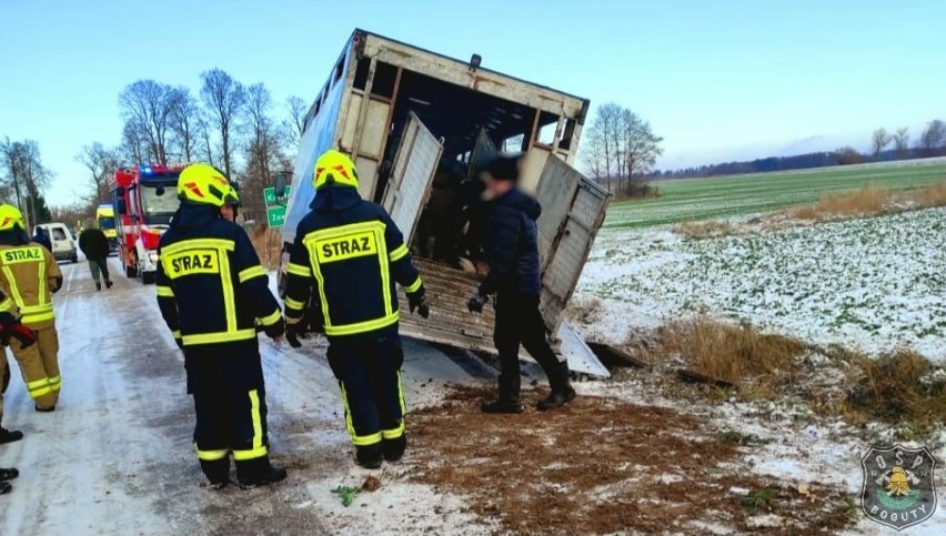 Kutyłowo-Perysie. Zderzenie z udziałem 2 aut. Strażacy musieli ewakuować bydło z ciężarówki 27.11.2023