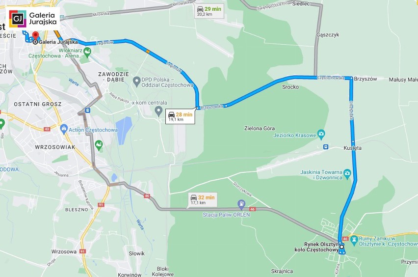 Mapa trasy: Olsztyn - Częstochowa