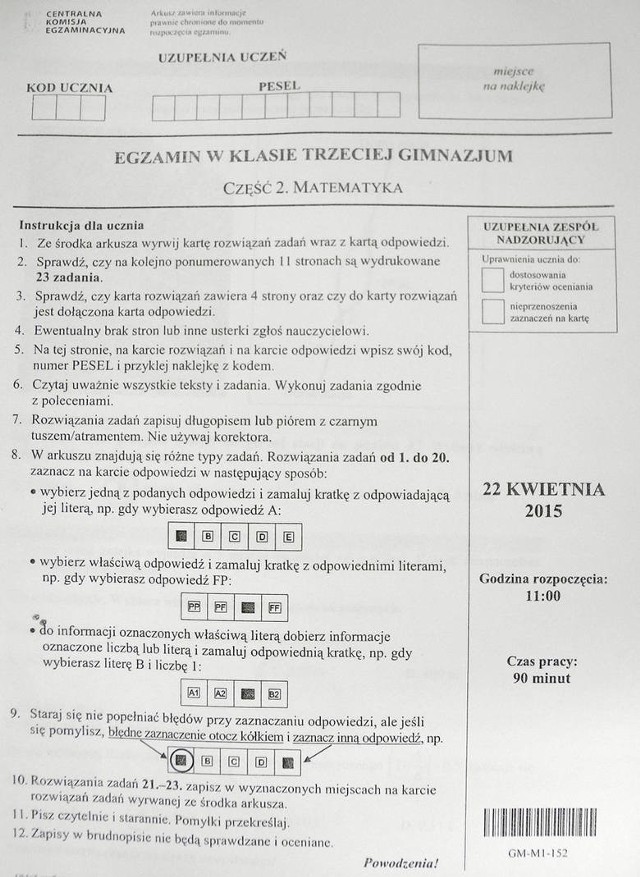 Egzamin Gimnazjalny 2016. Odpowiedzi z Matematyki