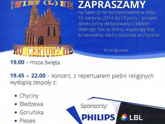 W Chycinie koło Bledzewa odbędzie się dobroczynna impreza muzyczna. Podczas występu zespołów ludowych zbierane będą pieniądze na remont miejscowego kościółka.
