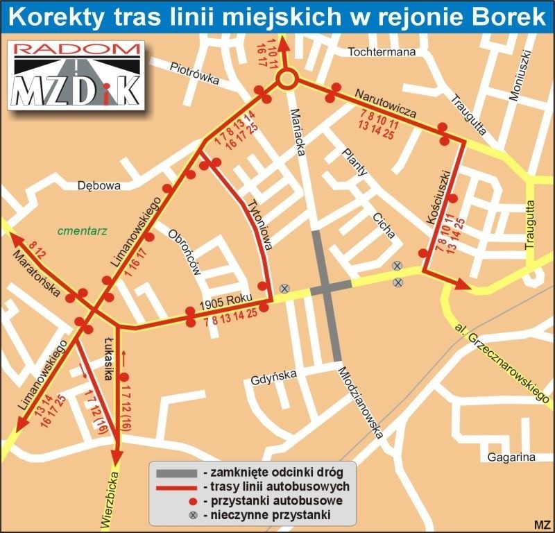 Korekty tras linii miejskich w rejonie Borek.