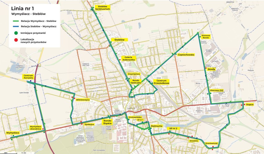 Planowane trasy i przystanki linii autobusowych w Lublińcu