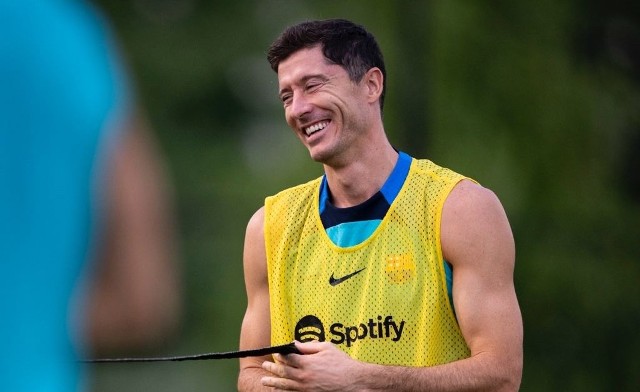 Robert Lewandowski podczas treningu z Barceloną w bazie szkoleniowej NYRB