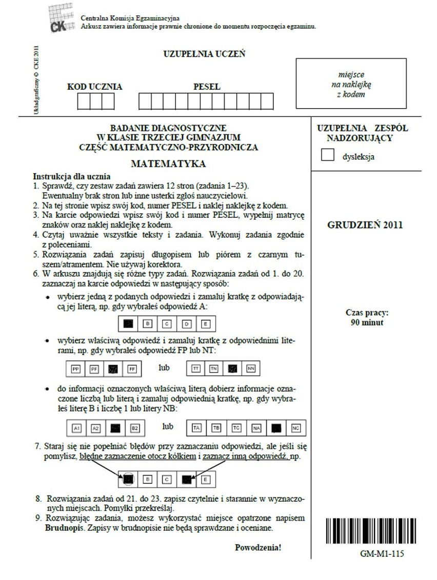 Próbny egzamin gimnazjalny 2012.  Test z matematyki...