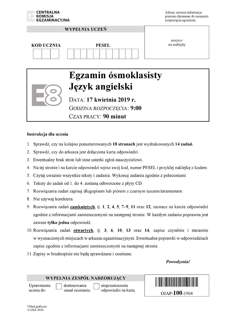 Egzamin ósmoklasisty 2019 ANGIELSKI