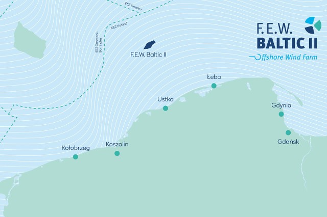 Lokalizacja morskiej farmy wiatrowej F.E.W. Baltic II na Bałtyku.