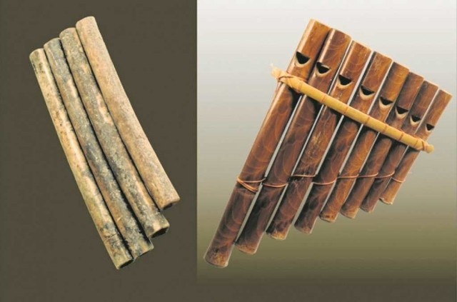 Piszczałki kościanej fletni Pana i współczesna fletnia z Peru