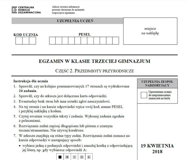 EGZAMIN GIMNAZJALNY 2018: Część matematyczno - przyrodnicza...