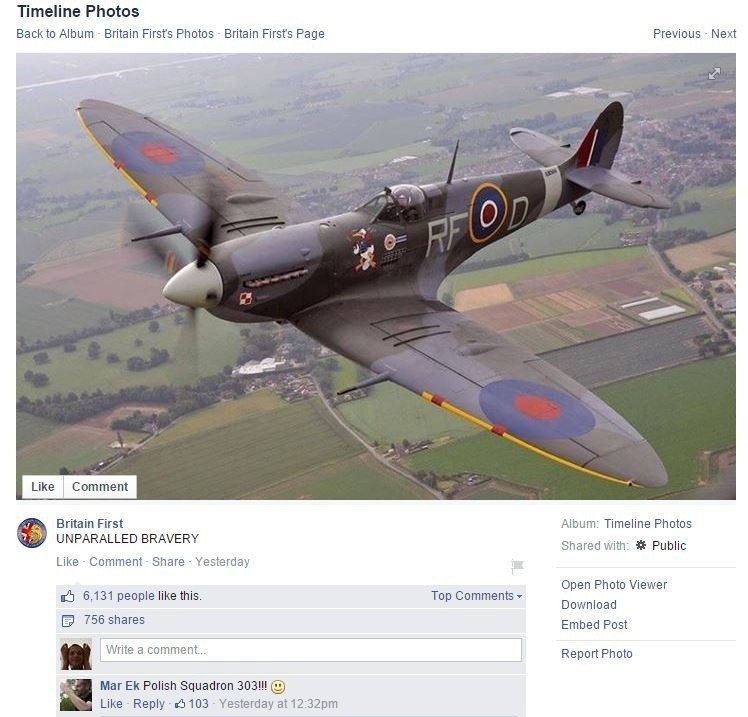 Polski Spitfire z Dywizjonu 303 symbolem brytyjskich nacjonalistów. Kolejny "błąd" Britain First 