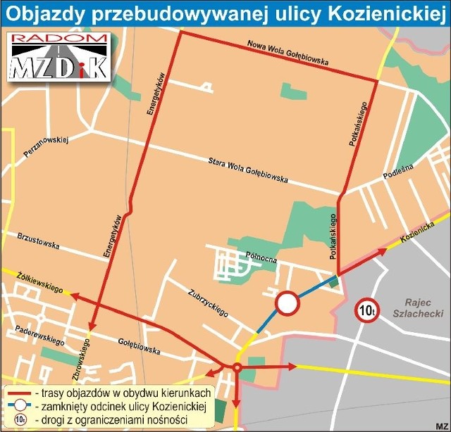 Objazdy przebudowywanej ulicy Kozienickiej.
