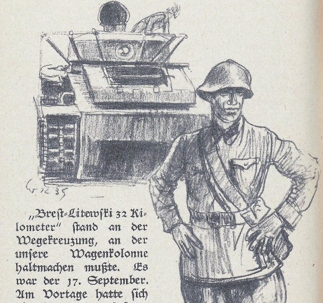 Strona z książki pt. "Koniec z Polską&#8221;, ukazująca żołnierza radzieckiego z brygady pancernej, którą odwiedziliwe wrześniu 1939 niemieccy korespondenci wojenni.