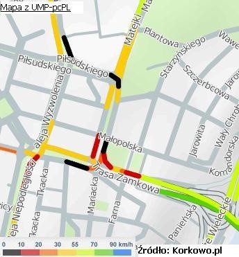 Tworzący się korek na skrzyżowaniu ul. Matejki z ul. Trasa Zamkowa. Dane z godziny 15:00.