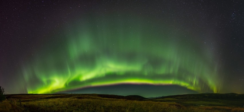 Panorama zorzy polarnej. 5 października 2018, Selfoss,...