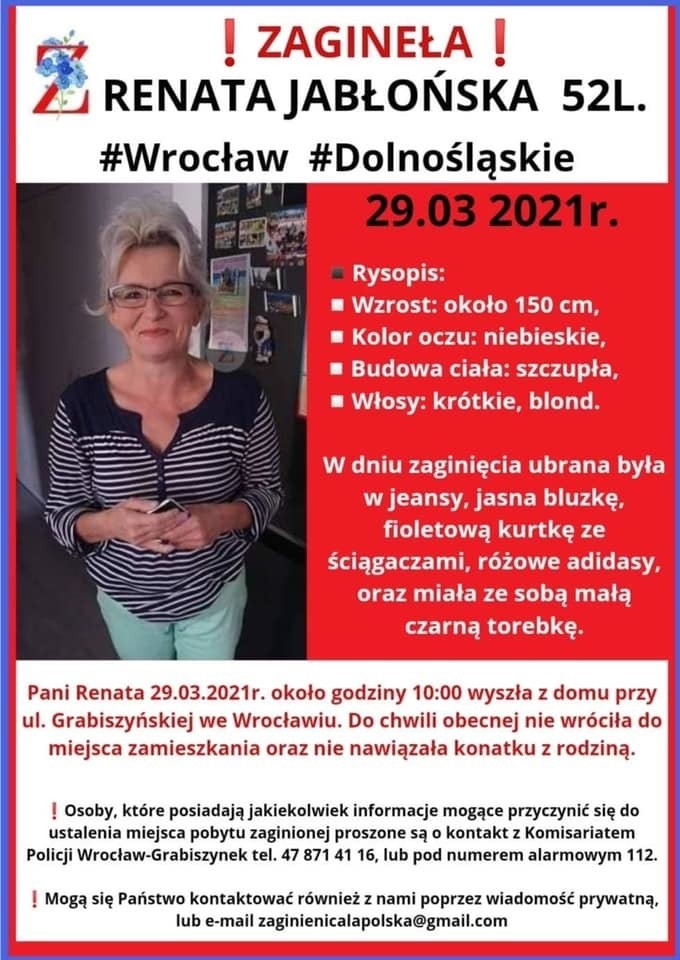 Zaginęła Renata Jabłońska. Wyszła z domu przy ul. Grabiszyńskiej we Wrocławiu i nie wróciła