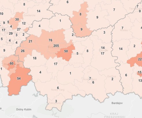 Nowe potwierdzone przypadki zakażeń w Małopolsce (dane z...