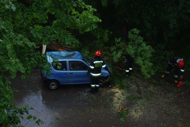 Samochód przygnieciony przez drzewo po burzy