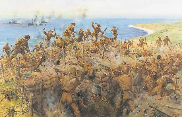 Regiment Gurkha Rifles atakuje pozycje tureckie na półwyspie Gallipoli, 9 sierpnia 1916 r. Obraz Terence’a Cuneo