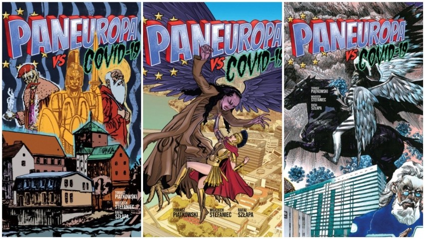 Trzy różne okładki komiksu "Paneuropa vs COVID-19". Od lewej...