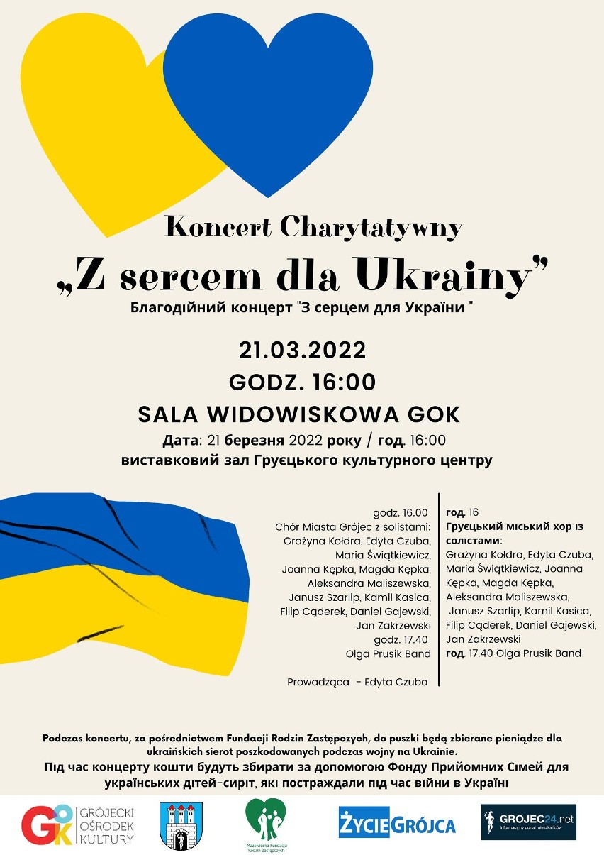 Koncert charytatywny "Z sercem dla Ukrainy" w poniedziałek 21 marca w Grójcu