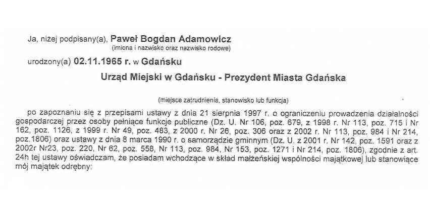 Ostatnie oświadczenie majątkowe Pawła Adamowicza - sprawdź!