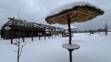 Plaża miejska w Będzinie cała w śniegu. Palmy i słomiane parasole pod białym puchem. Zobaczcie zdjęcia 