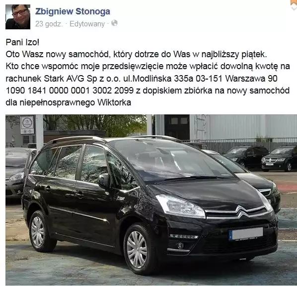 Wpis Zbigniewa Stonogi na portalu społecznościowym, w którym deklaruje przekazanie pani Izie samochodu.