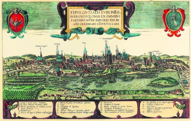Widok Lublina od strony południowej wraz  z opisami  z 1618 roku autorstwa F. Hogenberga i G. Brauna