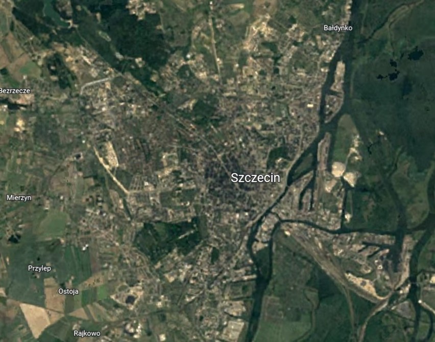 Szczecin w Google Earth w 1990, lewobrzeże