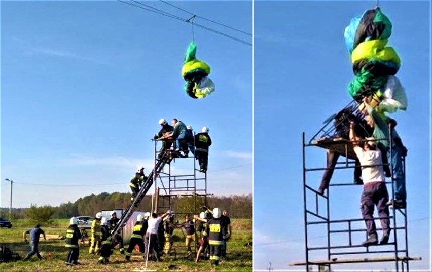 Zasole. Wypadek paralotniarza, zawisł na przewodach energetycznych