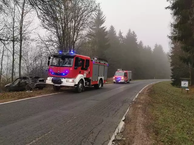 Zaręby. Wypadek na trasie Myszyniec - Chorzele. Auto doszczętnie rozbite, a kierowca uciekł, 26.11.2019