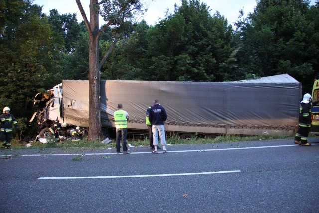 Wypadek na DK46 pomiędzy Dąbrową a Wrzoskami. 50-letni kierowca ciężarówki zjechał do rowu, a następnie auto uderzyło w drzewo.