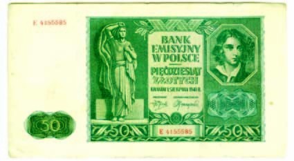 Banknot 50 zł z 1941 r. wydawany przez Bank Emisyjny w Krakowie.Nie znajdziemy na nim orła i znaków państwa polskiego