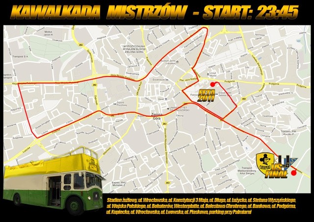 Mapa przejazdu Kawalkady Mistrzów w Zielonej Górze